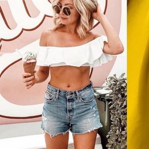 L*SPACE Hey Girl Blue Yellow Ruffle The Shoulder Bikini Top S Revolve Vintage